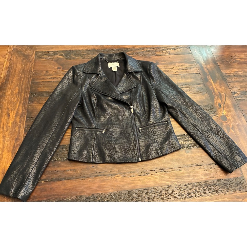 Vintage Cache Moto Jacket Faux Leather Crocodile Embossed Women's Size 10 Black